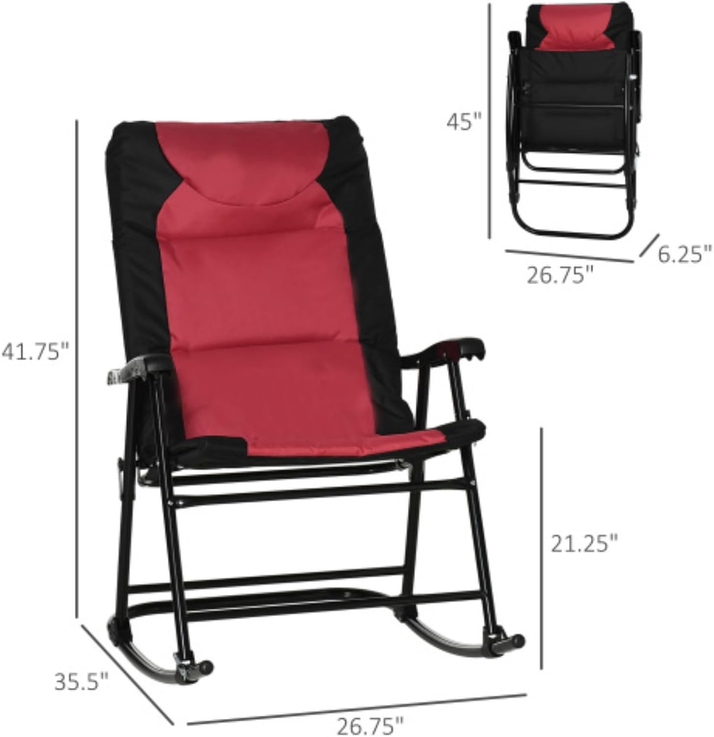 2 Folding Cushioned Rocking Chairs, Patio Rocking Chairs, 2-Piece Outdoor Patio Furniture Set, Bistro Style, 265 Lbs Weight Capacity, Suitable for Porches, Camping, Balconies, Red