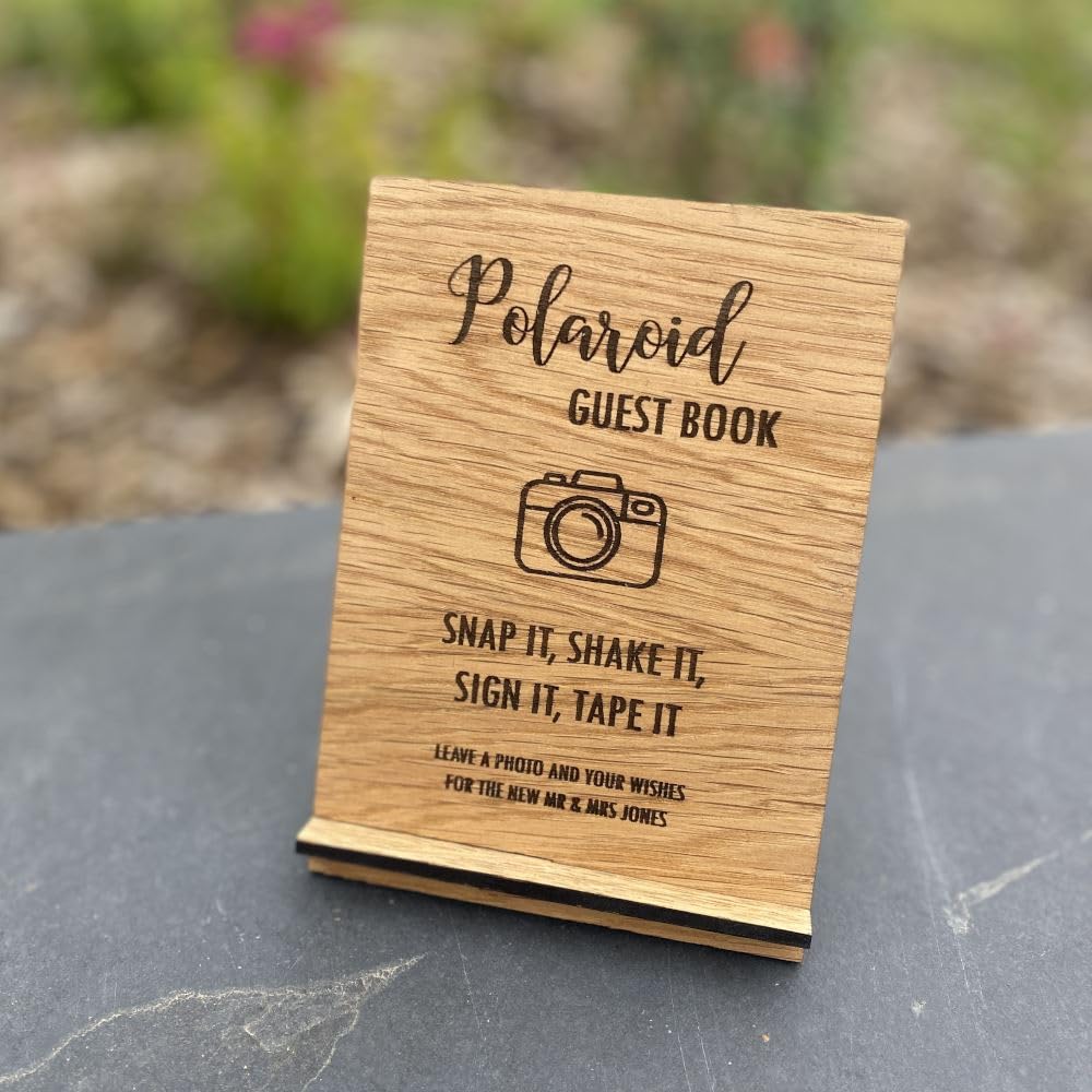 Luck and Luck Personalised Wedding Polaroid Photo Camera Table Sign, Guest Book Sign, Photo Wedding Guest Book Decoration, Wooden Oak Veneer Sign