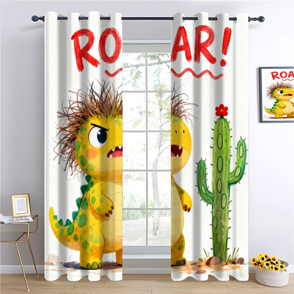 Dinosaure pour Enfants Salon Rideaux Occultants, Dinosaure de Dessin animé Enfants Panneaux de Rideaux intérieurs, Animaux Sauvages Mignons Draperies, Chambre Décoration Fenêtre L132 x H240cm x2