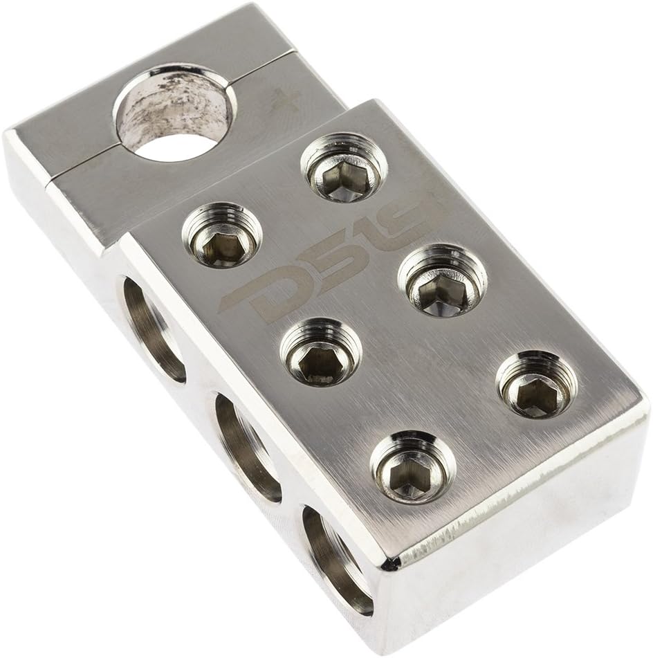 DS18 B-1 Battery/Ground Terminal - Positive/Negative Competition Distribution Block, Nickel Plated Ultra Conductive Copper Alloy, 4 x 4/0GA and 2 x 6/0GA, Bolt Down Holes (Pair)