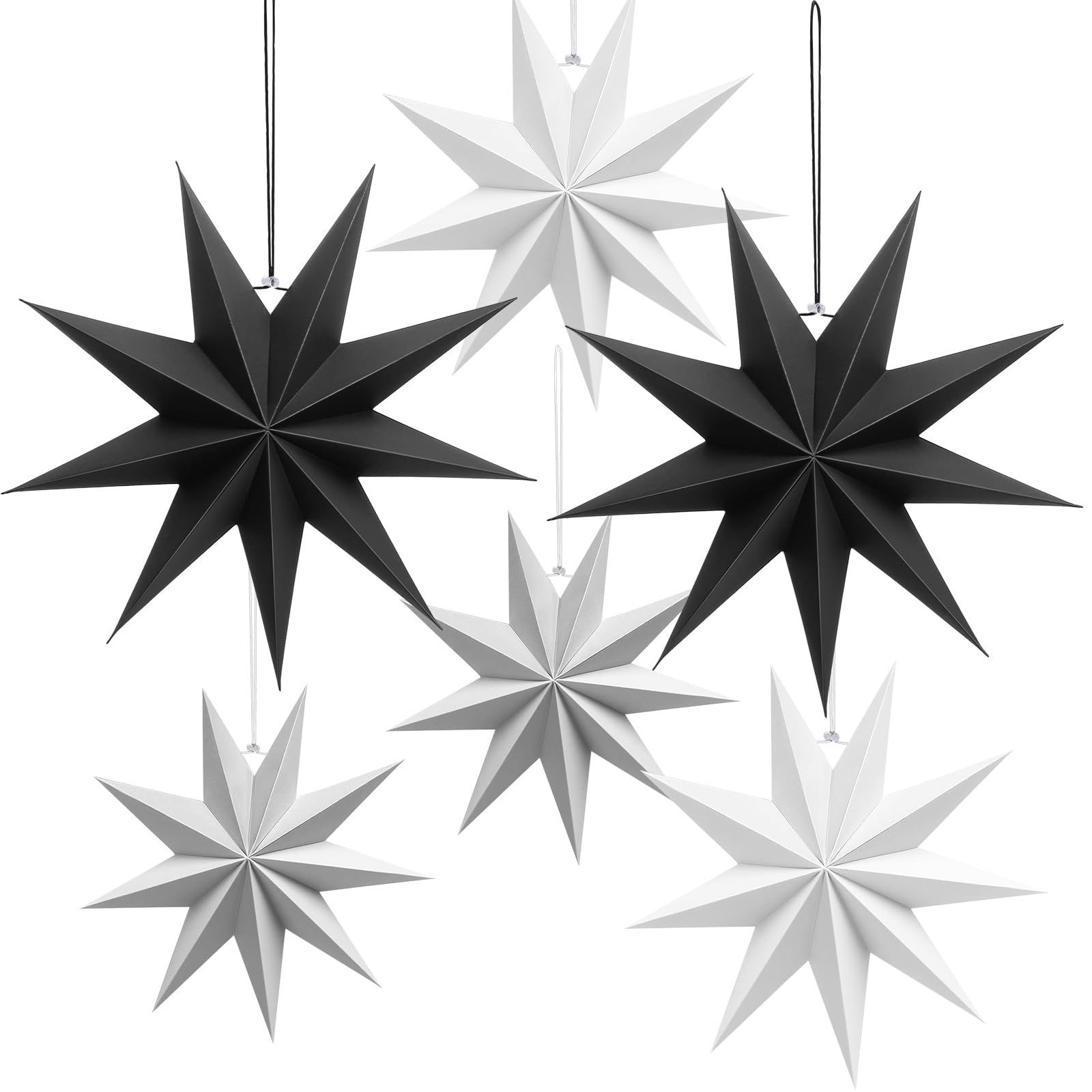 ANNERSAT 6pcs 9 Pointed Paper Stars, 40cm DIY 3D Black Hanging