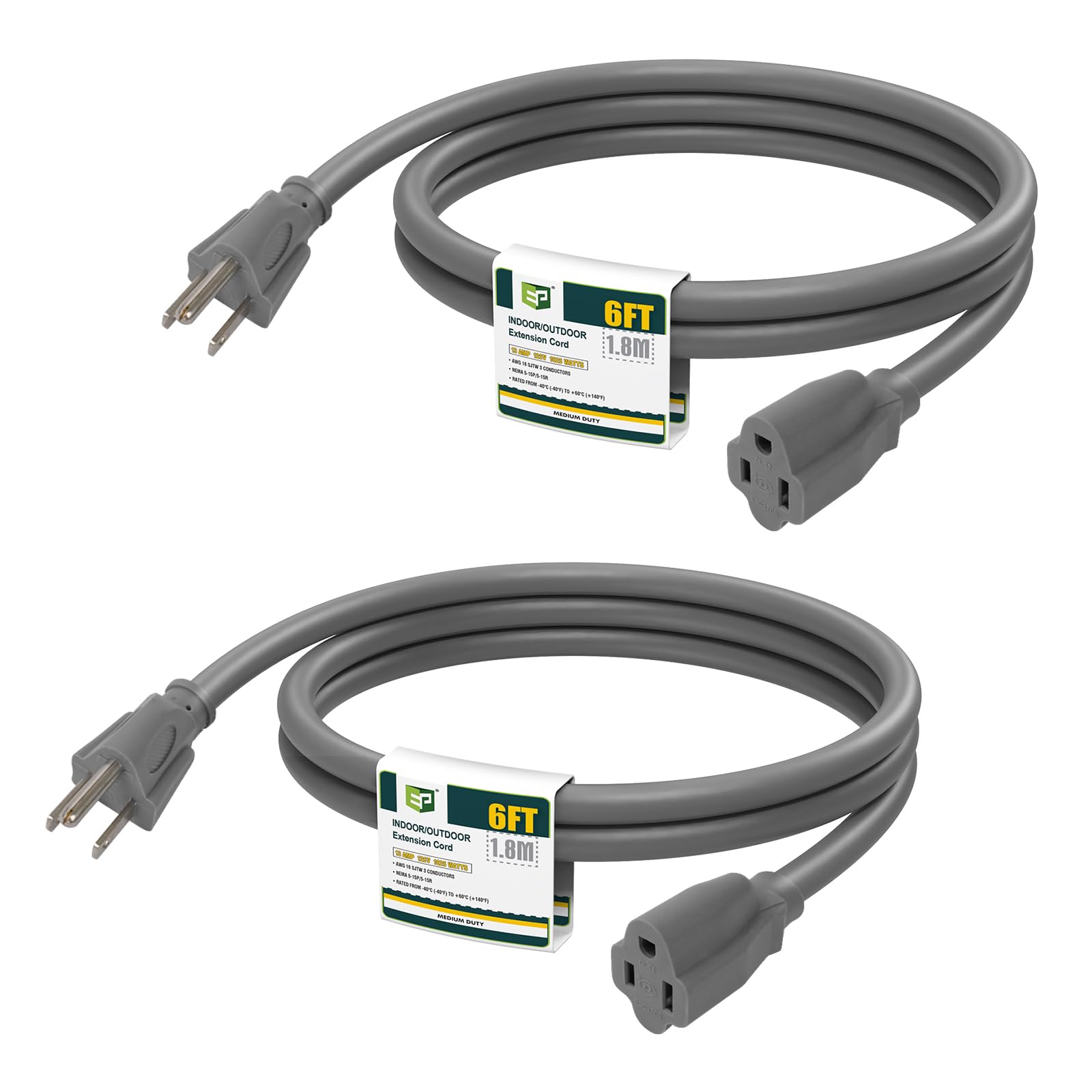 EP 6 FT Outdoor Extension Cord, 16/3 SJTW Heavy Duty Grey 2PK, ETL Listed