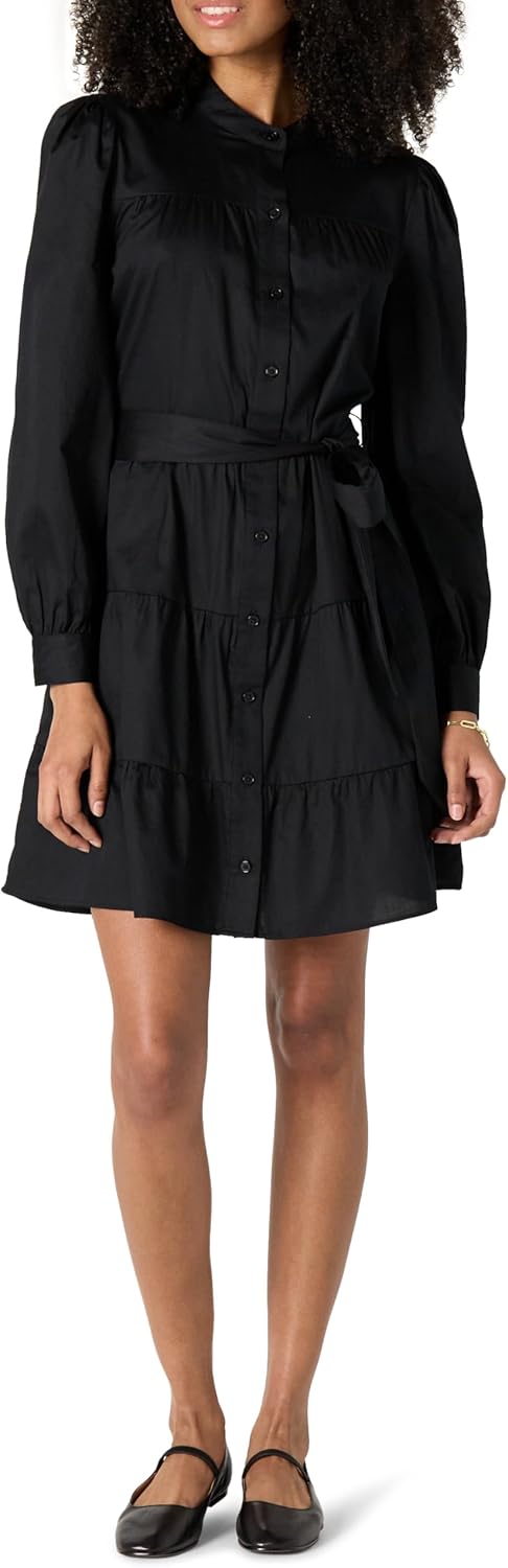 Amazon Essentials Womens Regular-Fit Cotton Sateen Tiered Shirt Dress Amazon Essentials Womens Regular-Fit Cotton Sateen Tiered Shirt Dress