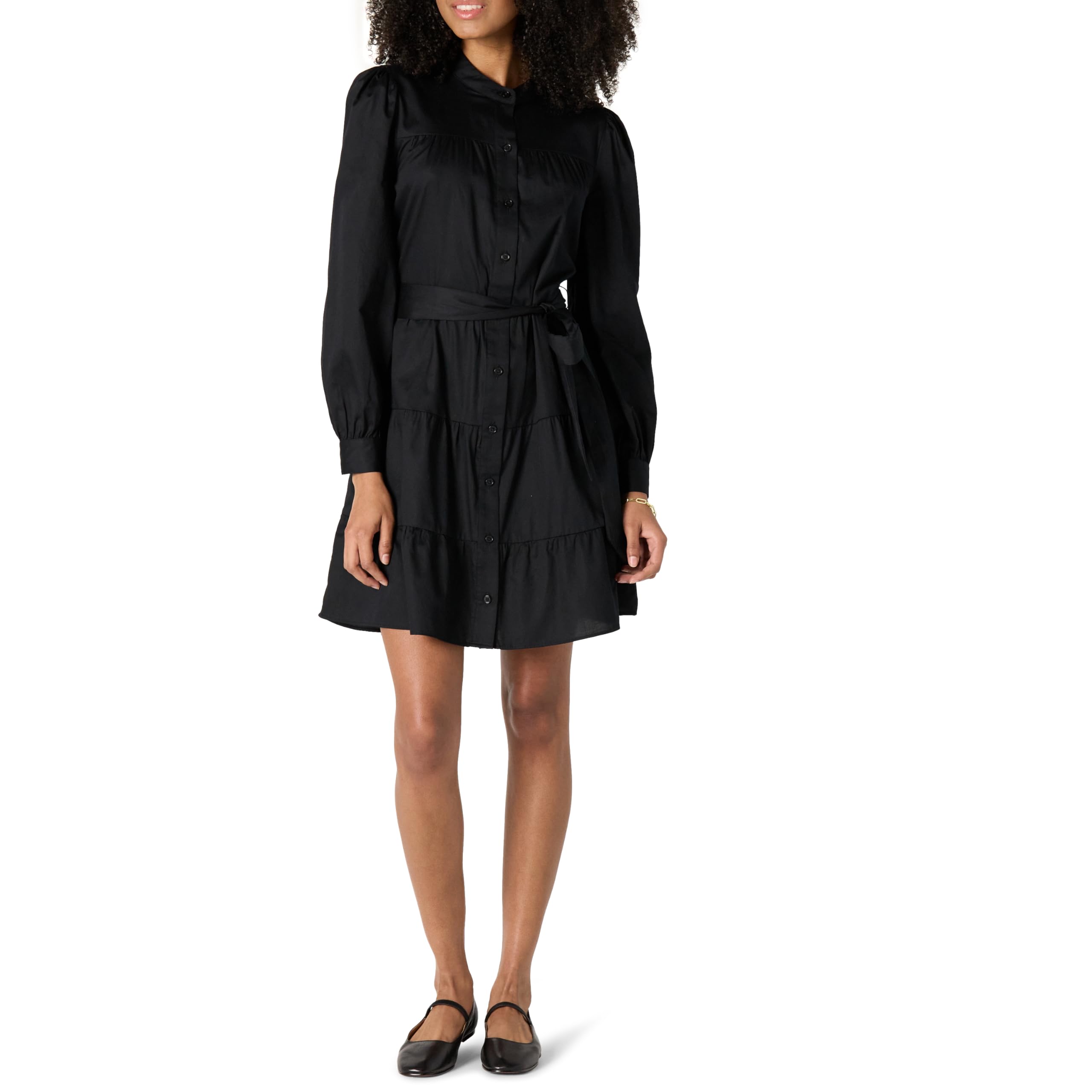 Amazon Essentials Mujer Vestido Camisero Escalonado de Satén de Algodón de Corte Recto