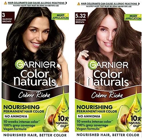 Garnier Color Naturals Crème hair color, Shade 5.32 Caramel Brown, 70ml + 60g & Garnier Color Naturals Crème hair color, Shade 3 Darkest Brown, 70ml + 60g