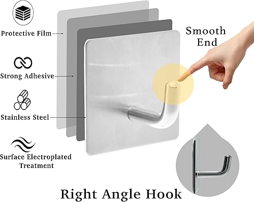 Miniatura 6 de Paquete de 4 ganchos adhesivos, ganchos de metal plateado pegajosos de acero inoxidable, sin daños, sin perforaciones, gancho de pared para puerta,