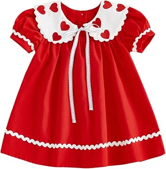 Toddler Baby Girl Valentines Day Outfit Cute Heart Embroidered Peter Pan Collar Short Sleeve Holiday Dress