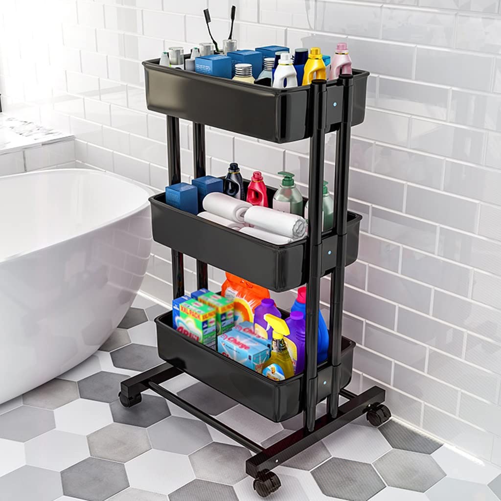 Carro utilitario con Ruedas de Metal de 3 Niveles, Carro de Servicio multifunción con Cesta de Malla y Ruedas, fácil Montaje para baño, Cocina, Oficina, Estante para carritos utilitarios (co
