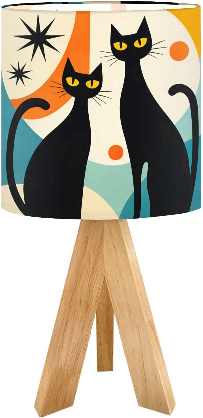 Tripod Bedside Table Lamp for Bedroom Black Cat Retro Mid Century Halloween Room Decor Cats Yellow Eyes Nightstand Lamps Desk Lamp with Linen Fabric Shade for Nursery Room Living Room Kids Room
