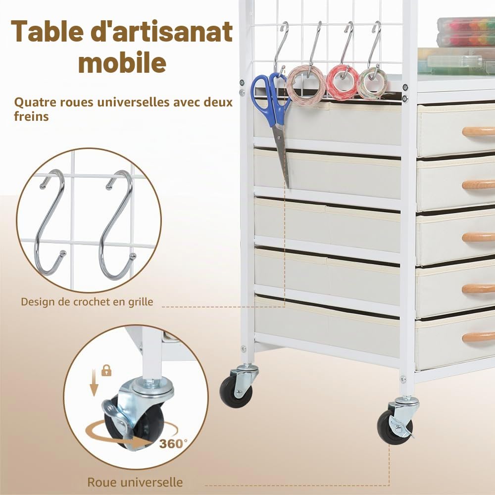SMONTER Table d'organisation et de rangement pour machines Cricut, chariot roulant avec 28 supports de rouleau de vinyle et 5 tiroirs, support de presse à chaud avec crochets