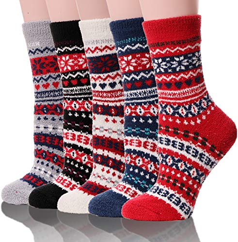 Womens Girls Fuzzy Slipper Socks Fluffy Warm Cabin Cozy Soft Fleece Adult Plush Sleep Stocking Stuffers Winter Socks?Snowflake (5 Pairs)?