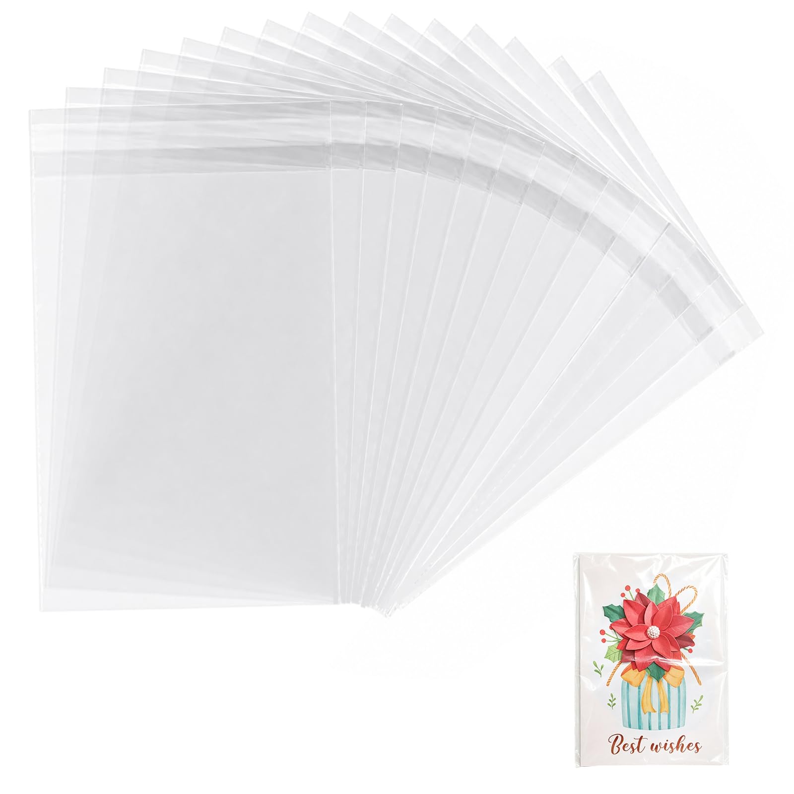 RITOLLO 200 Pack A5 Clear Self Adhesive Cellophane Bags 15.5 x 21 cm, Resealable OPP Cellophane Sleeves, Transparent Plastic Bags for Cookies, Cards, Invitations, Photos & Gift Packaging