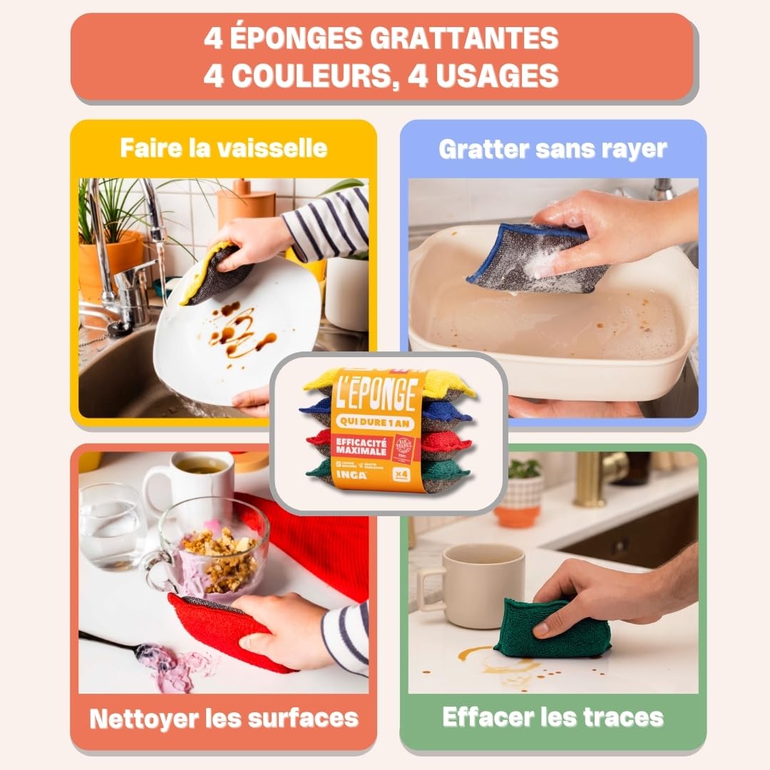 INGA - Kit Ménage Complet : 8 Éponges Lavables Multi-Usages : 4 Grattantes + 2 Salle de Bain + 2 Poêles & Plaques - Une Éponge pour chaque Usage - Ultra Efficaces et Réutilisables - Fabriqué en Europe