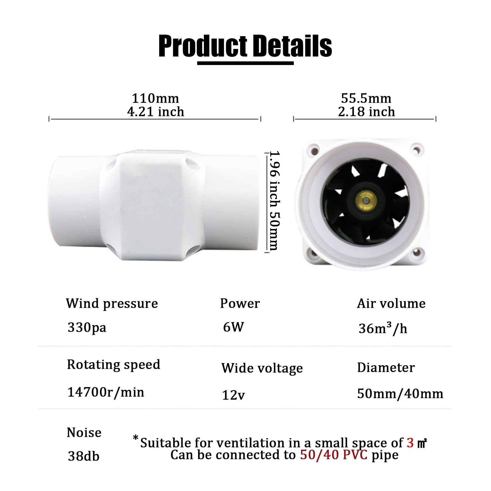 Ventilador extractor en línea de 2" 50mm con interfaz de conducto de PVC de 40mm 62CFM Ventilador de humo de habitación 6W 12V Ventilador de ventilación variable para tiendas de campaña