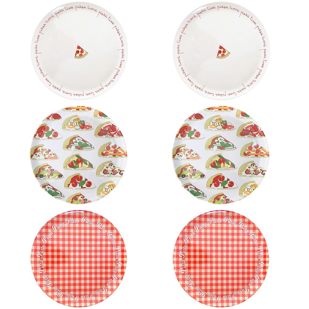 PALUPLUS Set 6 Piatti Pizza Rotondi in Melamina, Diametro 33 cm e Altezza 1,5 cm, Piatto con 3 Decorazioni, Infrangibili e Riutilizzabili, Fantasia Rossa, Pizza Time e Spicchi pizza -4634C
