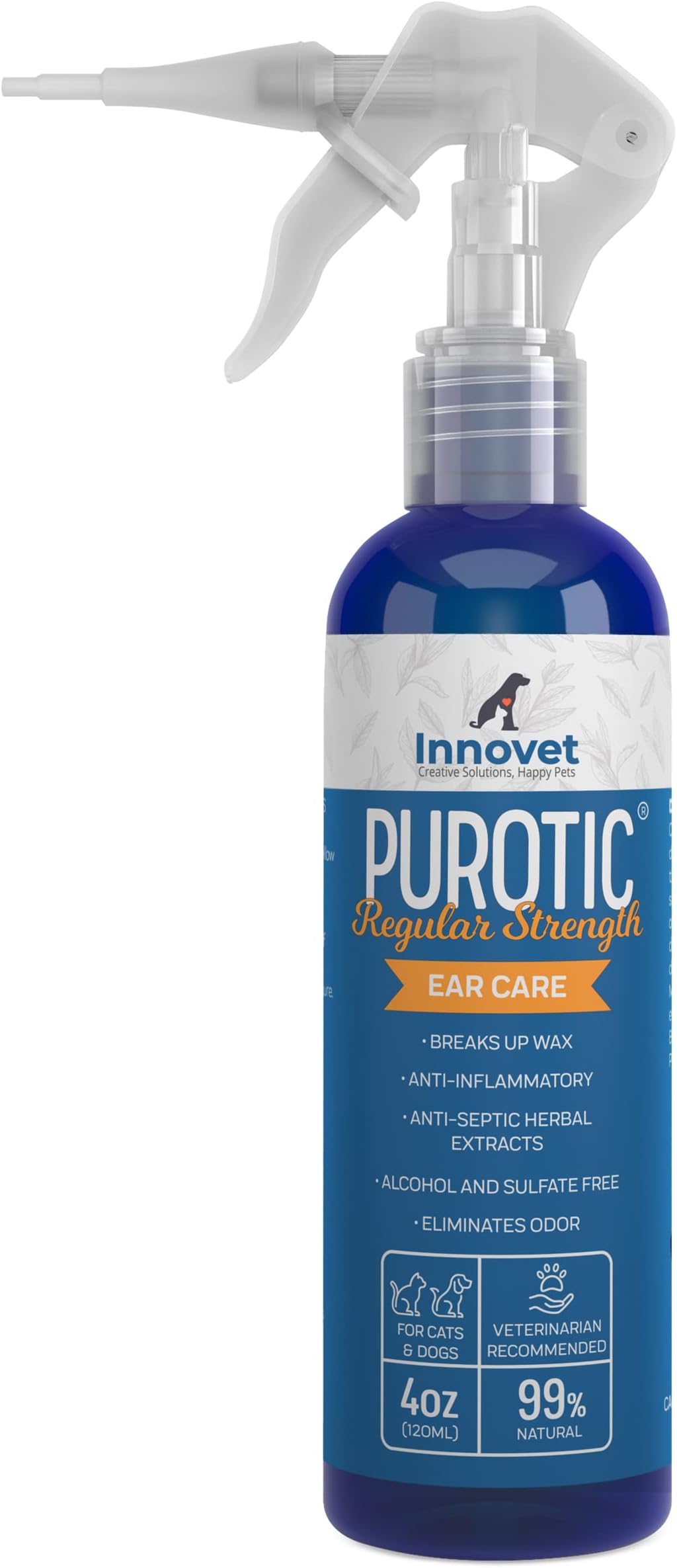 Innovet PurOtic Ear Cleaner for Dogs & Cats with Silicone Applicator Made With Essential Oils - 100% Made In USA - Regular Strength 4 oz Bottle