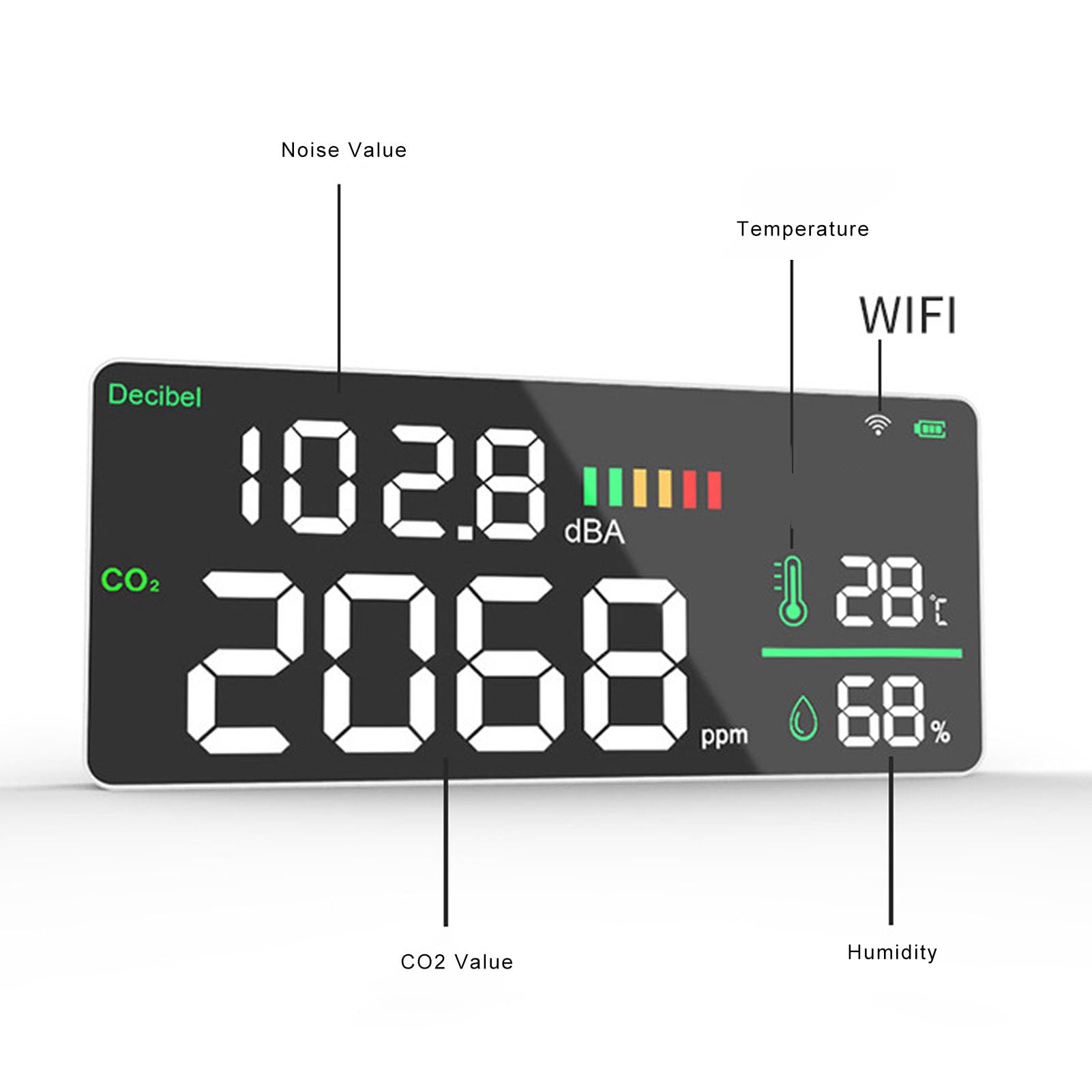 Generic Medidor de Decibelios Digital Inteligente con Detección de CO2 y Monitoreo Ambiental para Oficina en Casa WiFi 2.4G