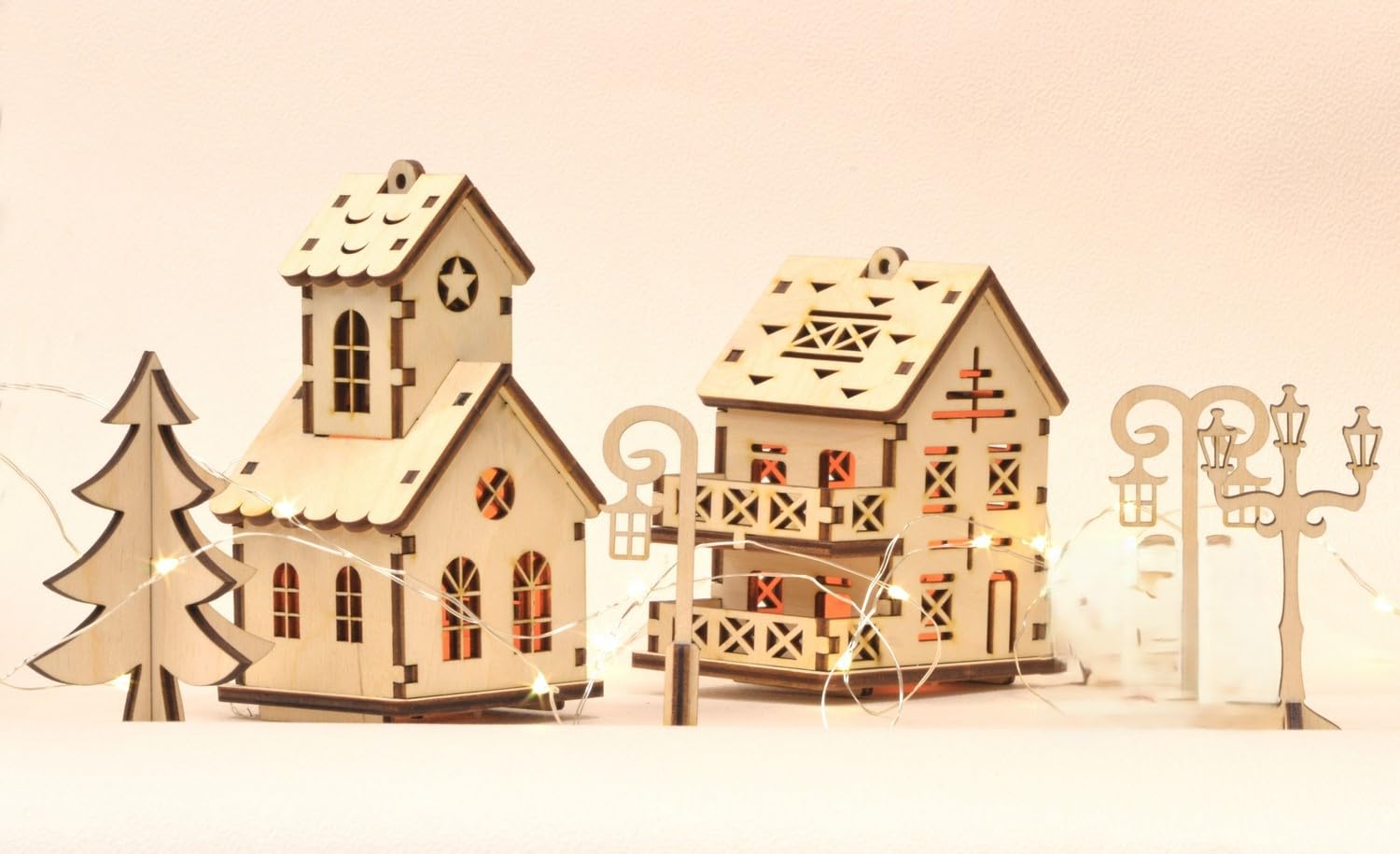 Raystar™ DIY Wooden House LED Tea Light Holder, Christmas Decorative Lantern, Hanging Holder (5 House)-image-1