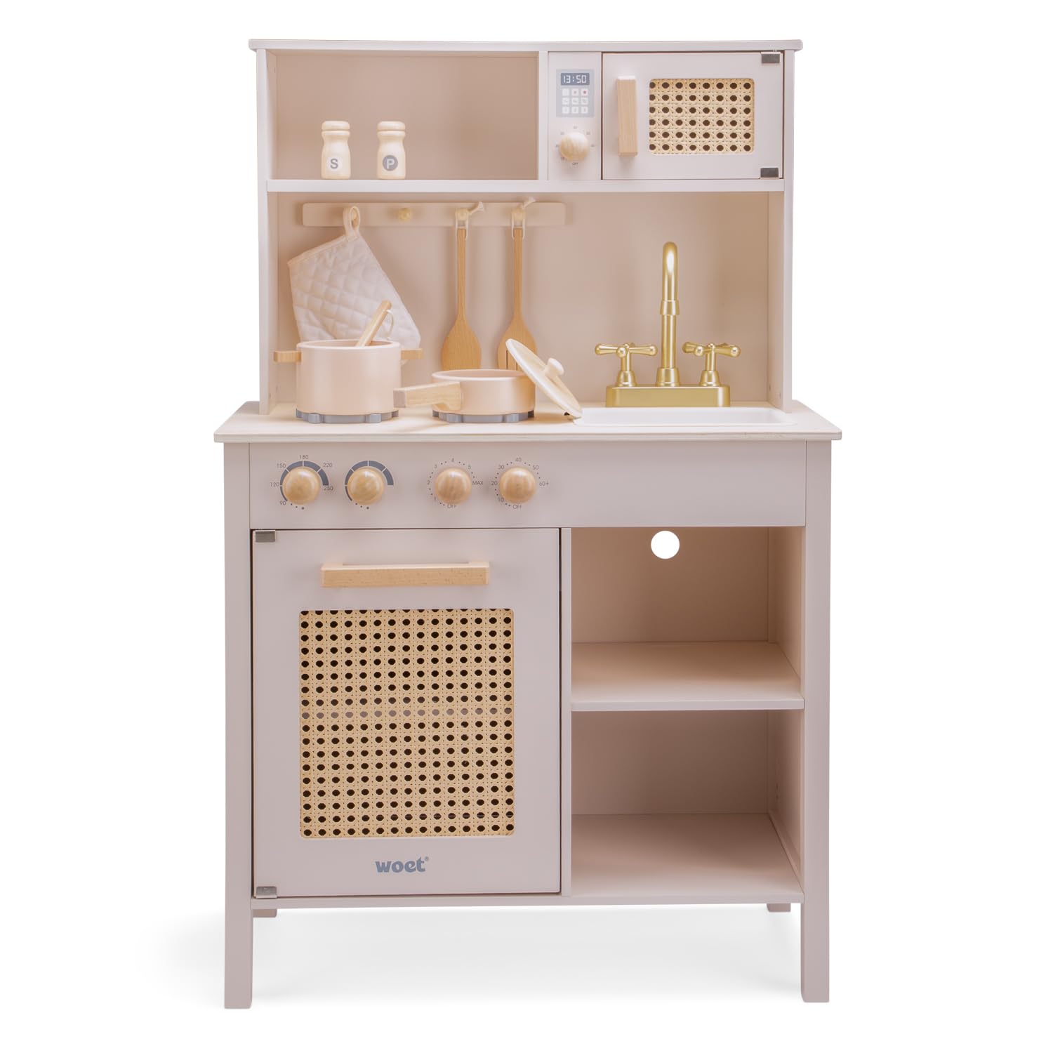 Woet® Cuisine Jouet Rose en Bois pour Enfants - Détails en Rotin et Accessoires - Set d’Imitation - À Partir de 3 Ans