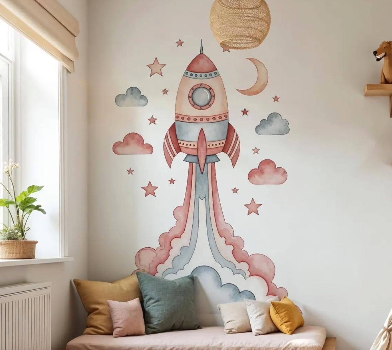 Space Wall Decals for Kids Bedroom – Rocket Wall Decal with Stars Clouds Moon – Outer Space Nursery Wall Decor for Boys Girls Playroom Peel and Stick Watercolor Art Mural Vinyl Sticker