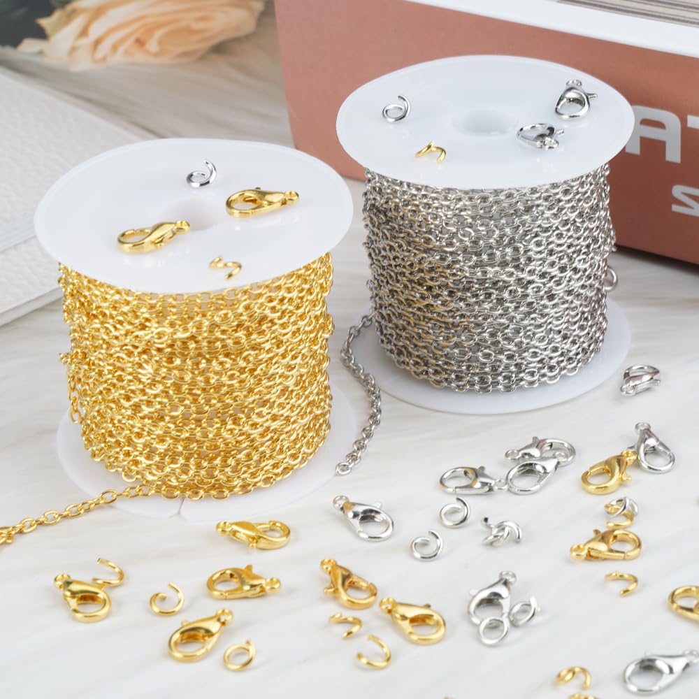 5m Chaînes Doré, 3x9mm Chaîne En Acier Inoxydable Pour Création Bijoux Avec 10 Fermoirs à Homard Et 20 Anneaux Saut Kit Fabrication Bijouxs Pour DIY Fabrication, Breloques, Artisanat