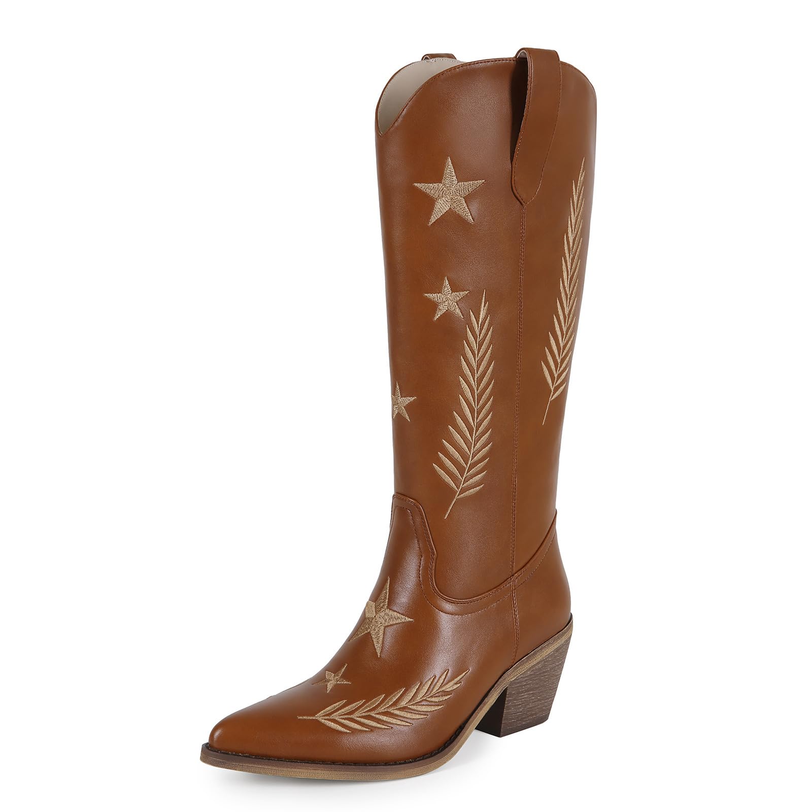 Womens Embroidered Western Cowboy Boots Knee High Side Zipper Pointed Toe Block Heel Wide Calf Star Laurel Stitching