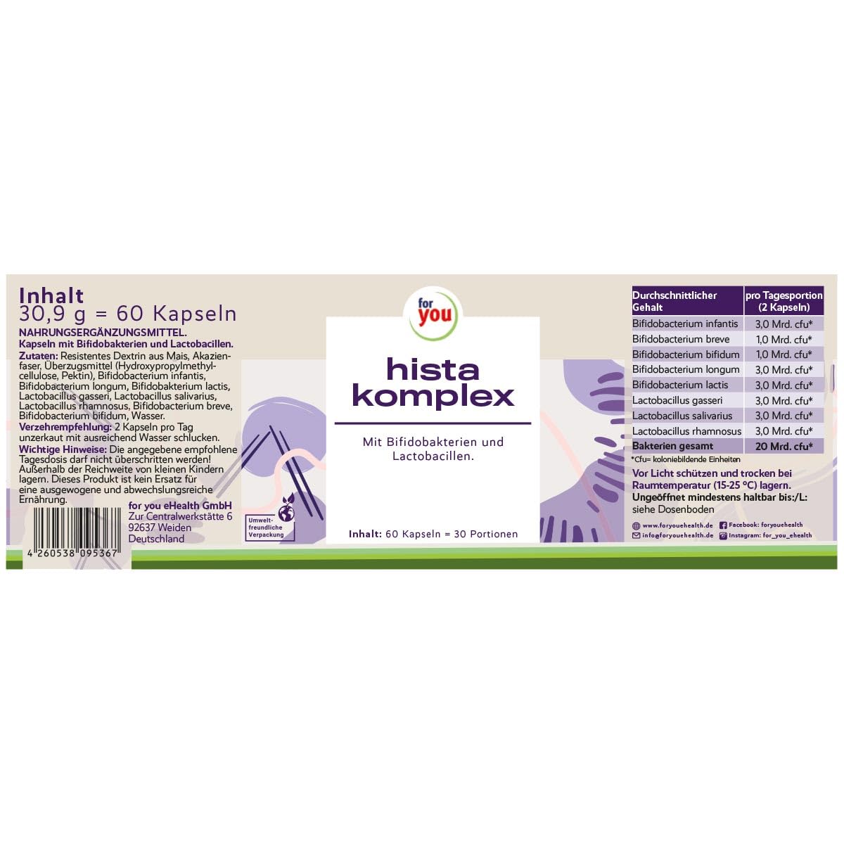 for you hista komplex - Speziell entwickelt für Menschen mit Histaminintoleranz - mit Bifidobakterien und Lactobacillen - 20 Milliarden Bakterien pro Portion Plus Ballaststoffe - 60 Kapseln