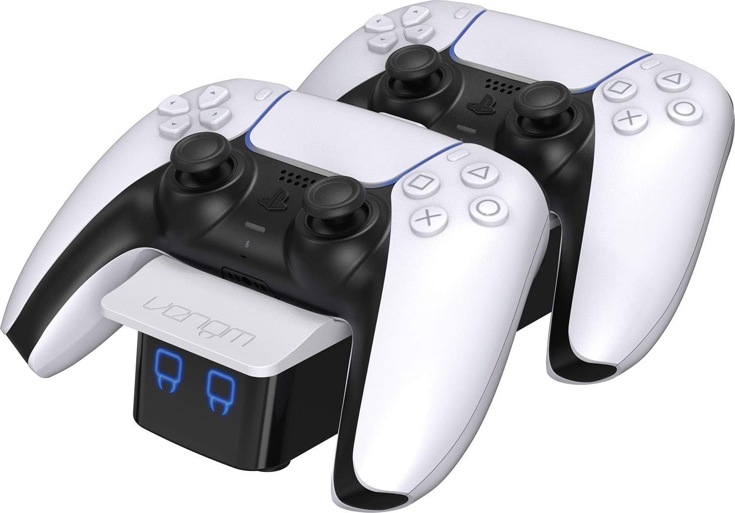 Venom PS5 DualSense Controller Twin Docking Station with two white PS5 controllers docked