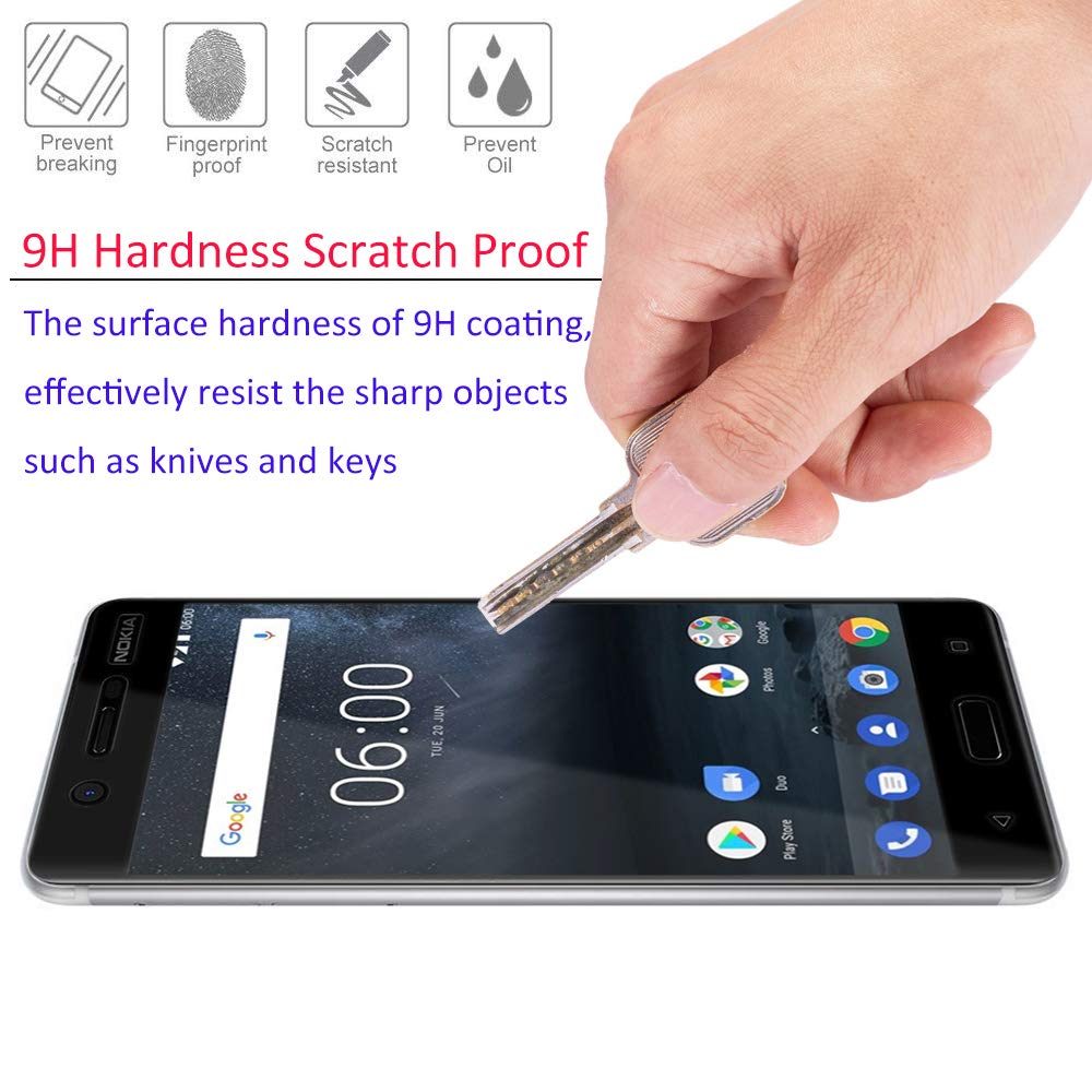 Ueebai - Pellicola protettiva per schermo per Nokia 5, copertura completa, in vetro temperato 9H, ultra sottile, infrangibile, antigraffio, facile da installare, colore: nero