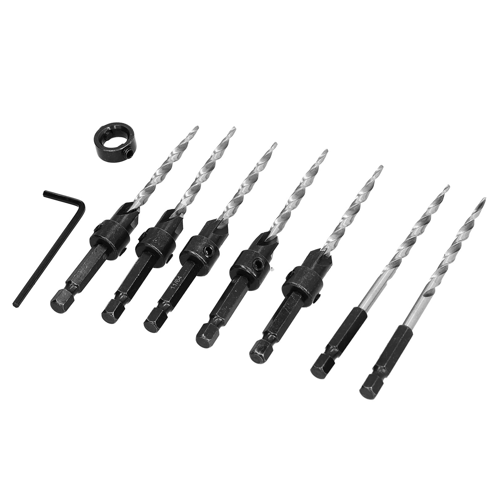 Juego de brocas avellanadas cónicas, 11/64 de repuesto con llave de cuello, juego de brocas avellanadas de madera con vástago hexagonal ajustable de 1/4 pulgadas