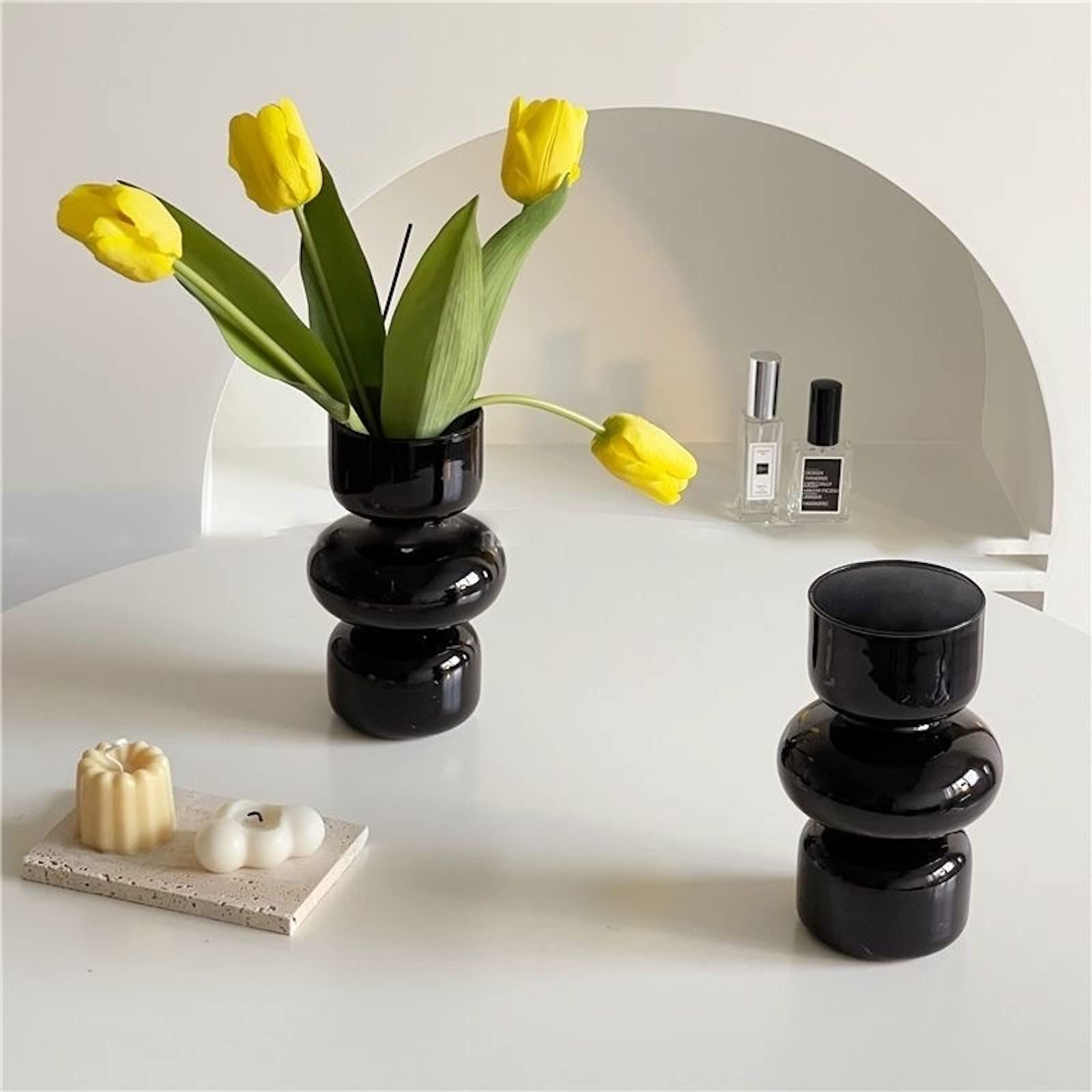 BLOFLO - Jarrón hidropónico de vidrio negro, jarrón de vidrio de 7 pulgadas para flor, moderno jarrones florales geométricos de tres capas para oficina en casa, decoración de mesa de boda (negro) 2