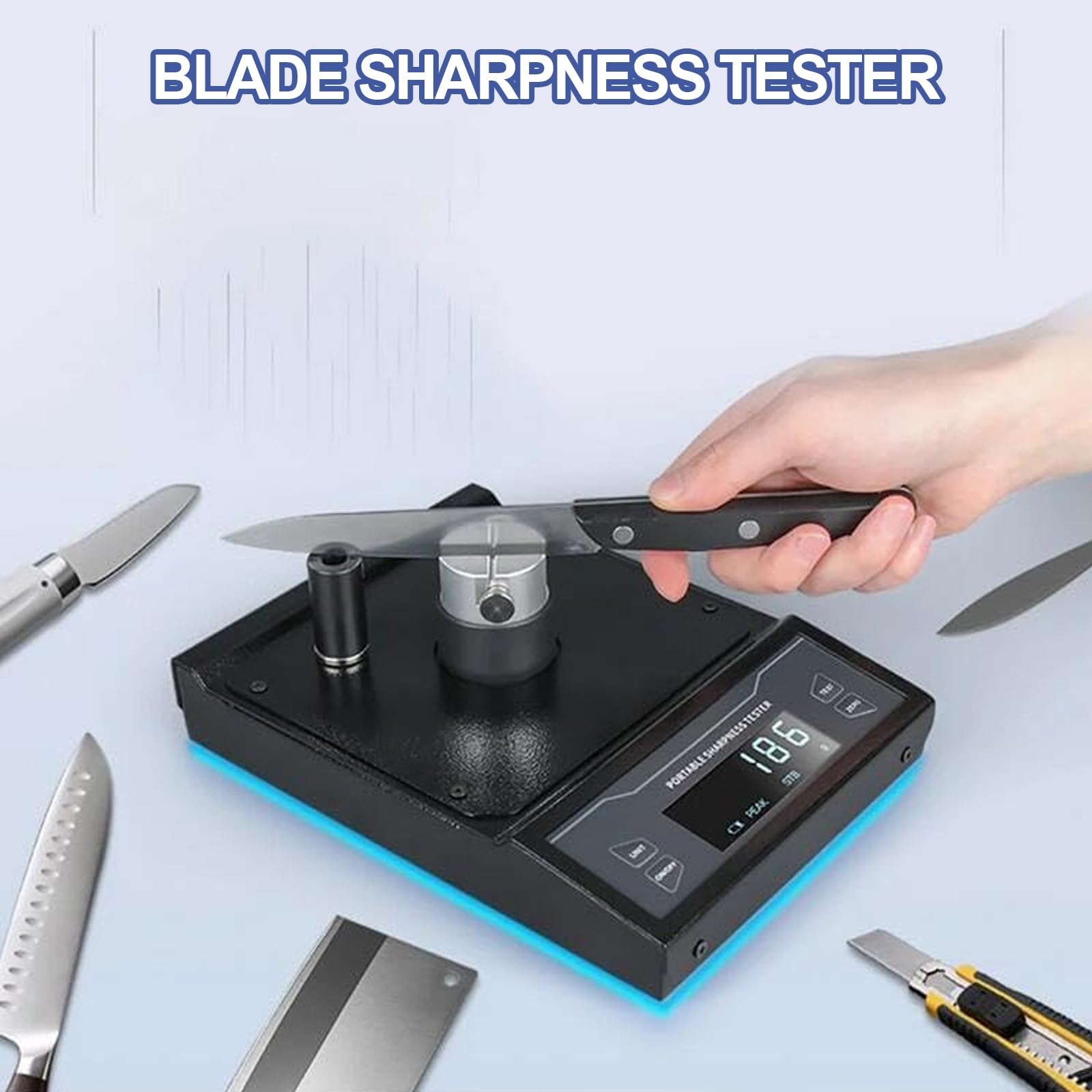 Tester di affilatura della lama, strumento portatile di rilevamento dei bordi con alta sensibilità, assorbimento libero a 360°, risoluzione 1g/0.1g per vari coltelli