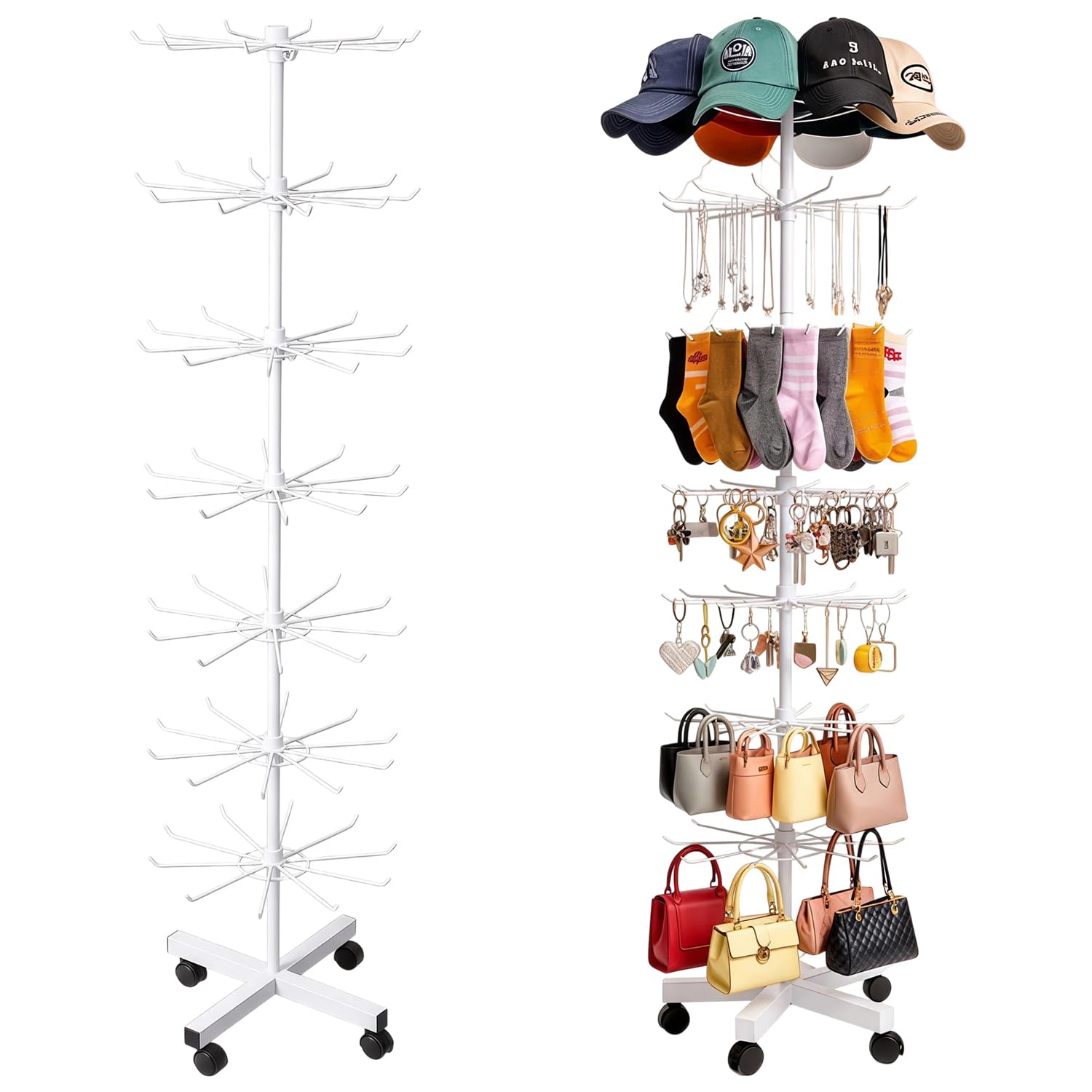 Expositor giratorio de 7 niveles, soporte de metal multifuncional con ganchos, soporte de gancho ajustable para colgar en sombreros, calcetines, cuerdas para el pelo, joyas