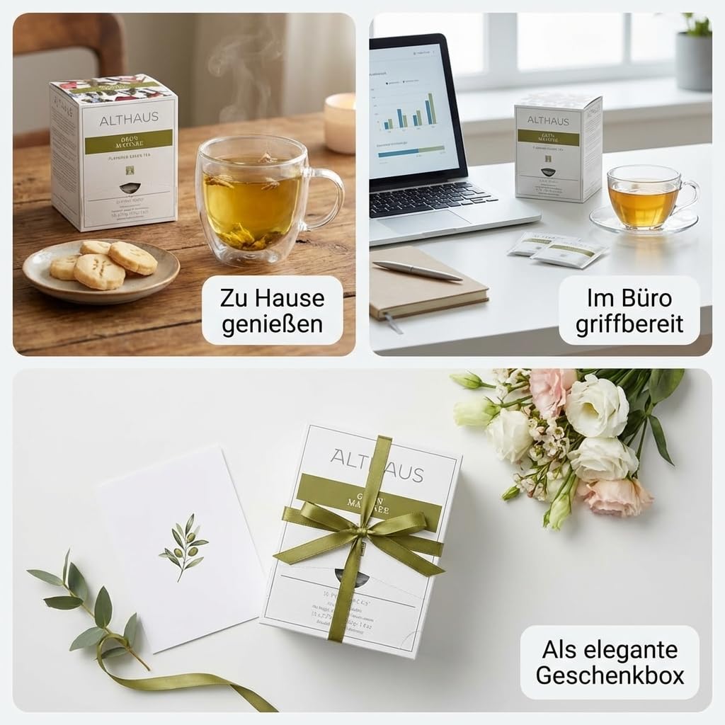 ALTHAUS Grüner Tee Grün Matinee, aromatisierter Sencha Tee mit Blüten, 15 Pyramiden-Teebeutel, einzeln verpackt, 41,25 g, Grüntee Beutel, 6 x 15 Beutel = 90 Portionen
