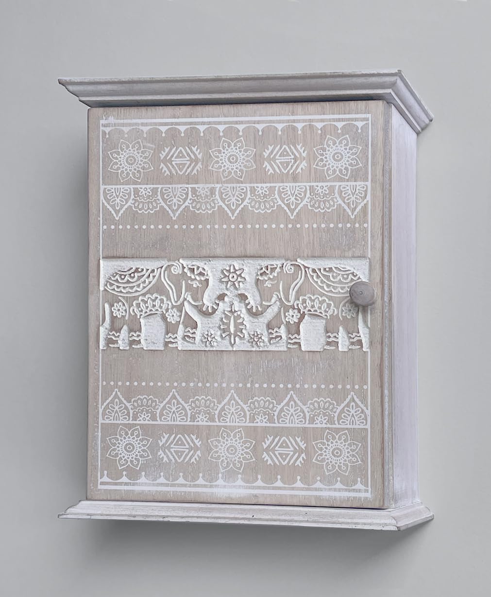 GreyZouq Wooden Key Cabinet Wall Mounted Cupboard. Keyhole shaped window design or elephant carving. Perfect Organiser for Keys. Magnetic Door Closure and Six Hooks (Natural Elephant) - Image 2