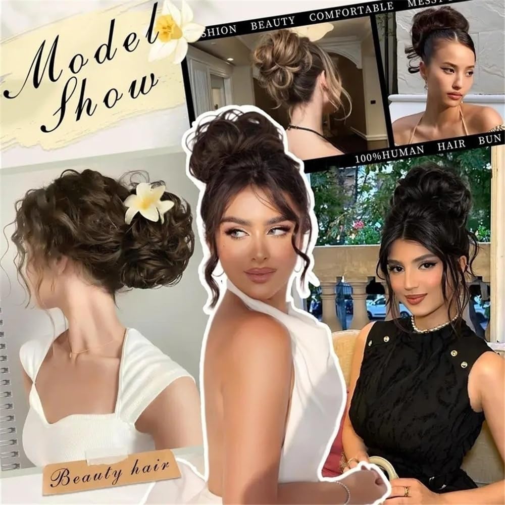 sztuczne włosy kok Ludzkie włosy Bun Extension Elastic Messy Fluffy Chignon Donut Updo Hair Pieces Ponytail Extensions Akcesoria do włosów(Light Brown)