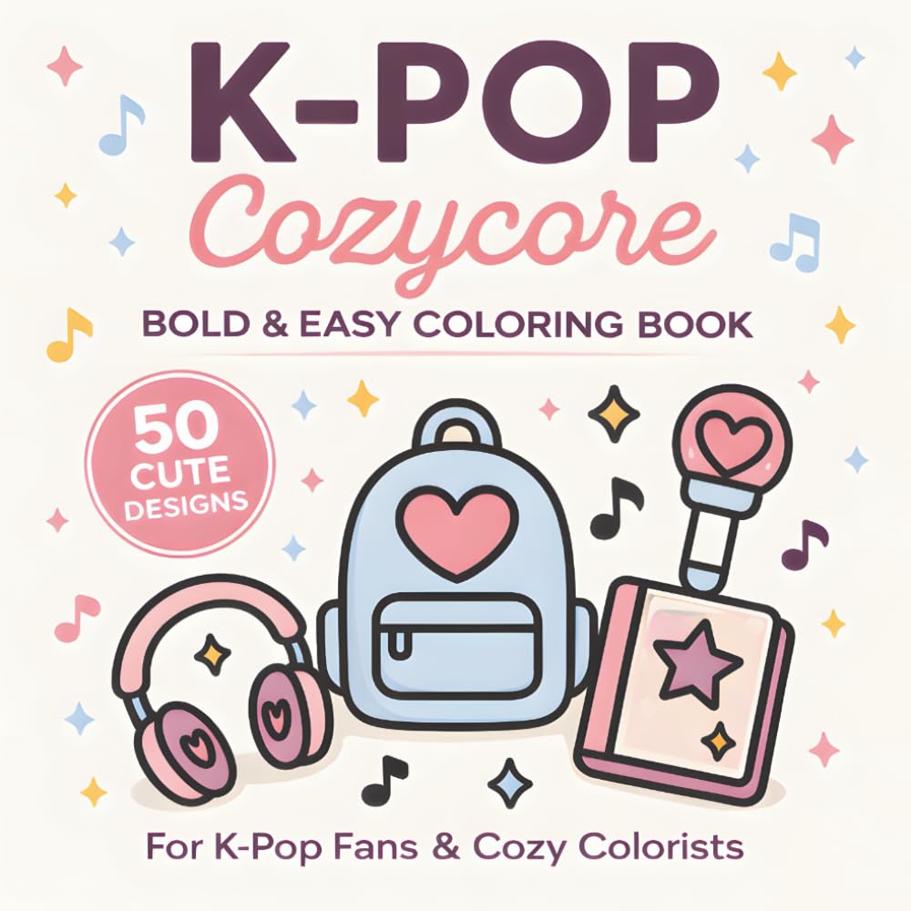 K-Pop Cozycore: Bold & Easy Coloring Book for K-Pop Fans & Cozy Colorists 50 Cute Designs (K-Pop Coloring Book)