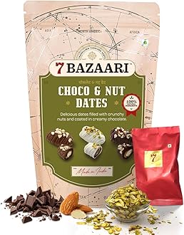 7 BAZAARI™ Premium Choco & Nut Dates - Gluten Free, Natural Ingredients - Assorted Almond Dark Chocolate, Cashew Milk Chocolate- 10pcs (Pack of 1)