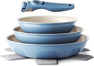 Redchef Pan Set with Removable Handle, Induction Pans, Ceramic Pan with Non-Stick Coating, 6-Piece 20, 24, 28 cm, Space-saving Ceramic Pans, PTFE, PFOA and PFAS-Free, Blue