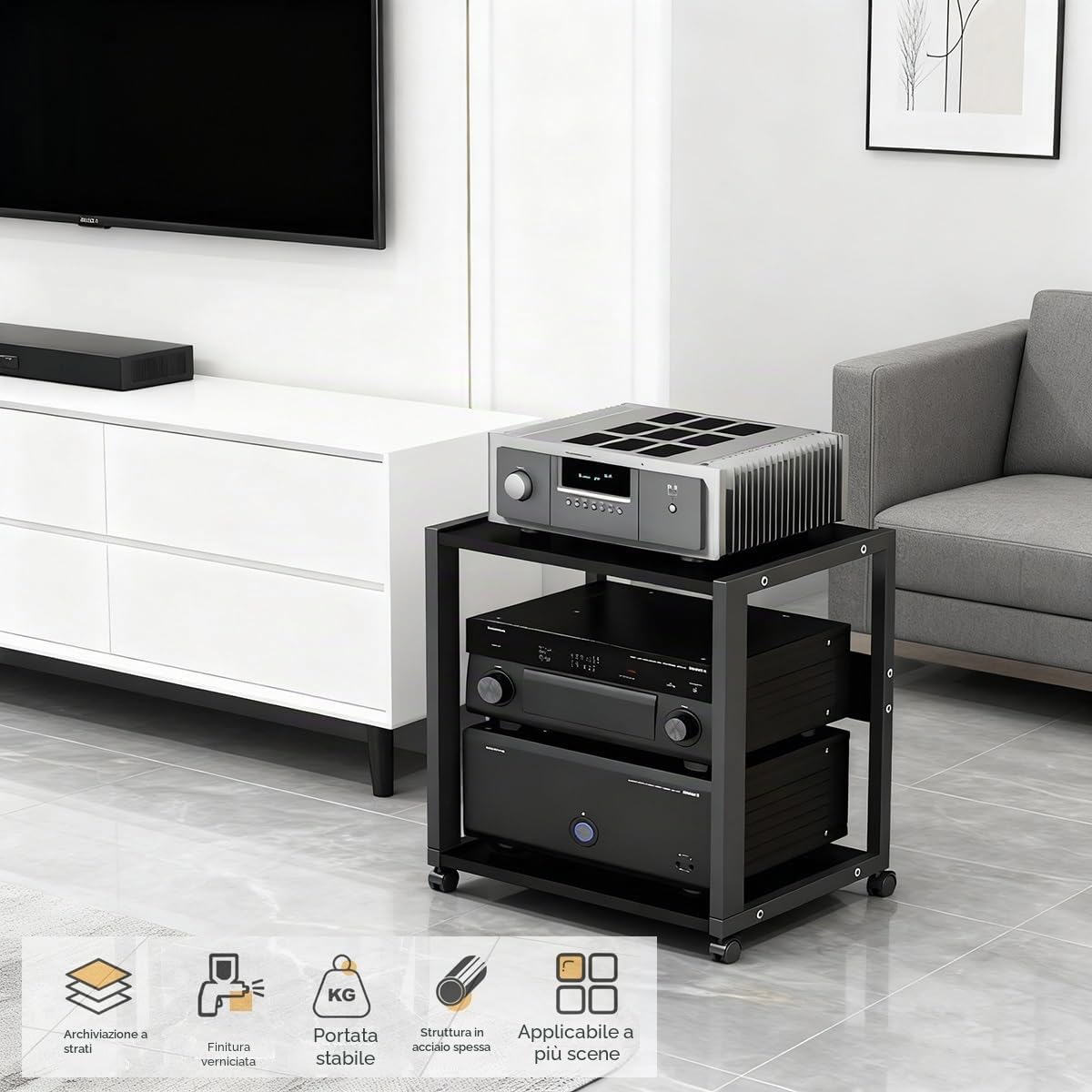 Mobile Stereo Hi Fi Rack Audio con ruote, Audio AV Tower Media Stand 2/3 livelli, supporto per amplificatore CD console(2-layer)