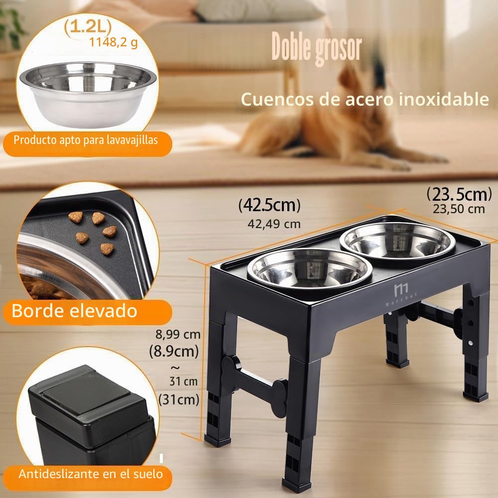 Marchul Comedero Perro Elevado de 4 Alturas Ajustables, 2 X 1200ml Comedero y Bebedero Perro, Cuencos Elevados para Perros Pequeños, Medianos y Grandes, Plegable y Antideslizante