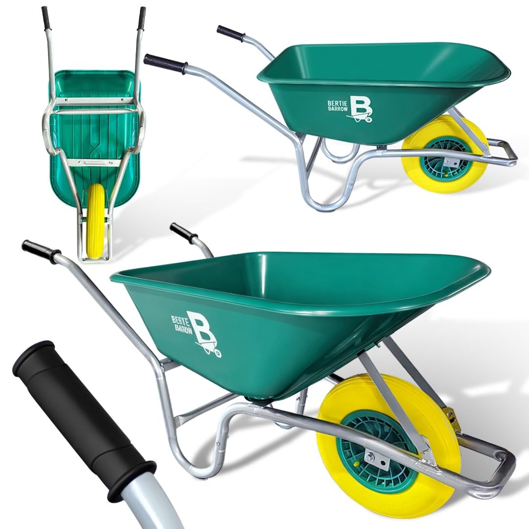 Wilcox Equimed Green Equimed Bertie 110L Heavy Duty Garden & Builders Wheelbarrow | Wheel Barrow Puncture-Proof Solid Tyre | | Durable Polypropylene Tub | Garden, Soil, Gravel, Mulch & Tools