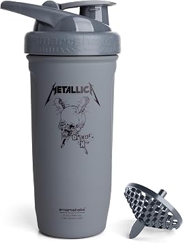 Smartshake Rockband Reforce Stainless Steel Protein Shaker Bottle 900 ml | 30 oz - Leakproof Screw-on Lid - BPA Free Not Insulated - Unisex - Metallica, Damage Inc. Logo on Bottle