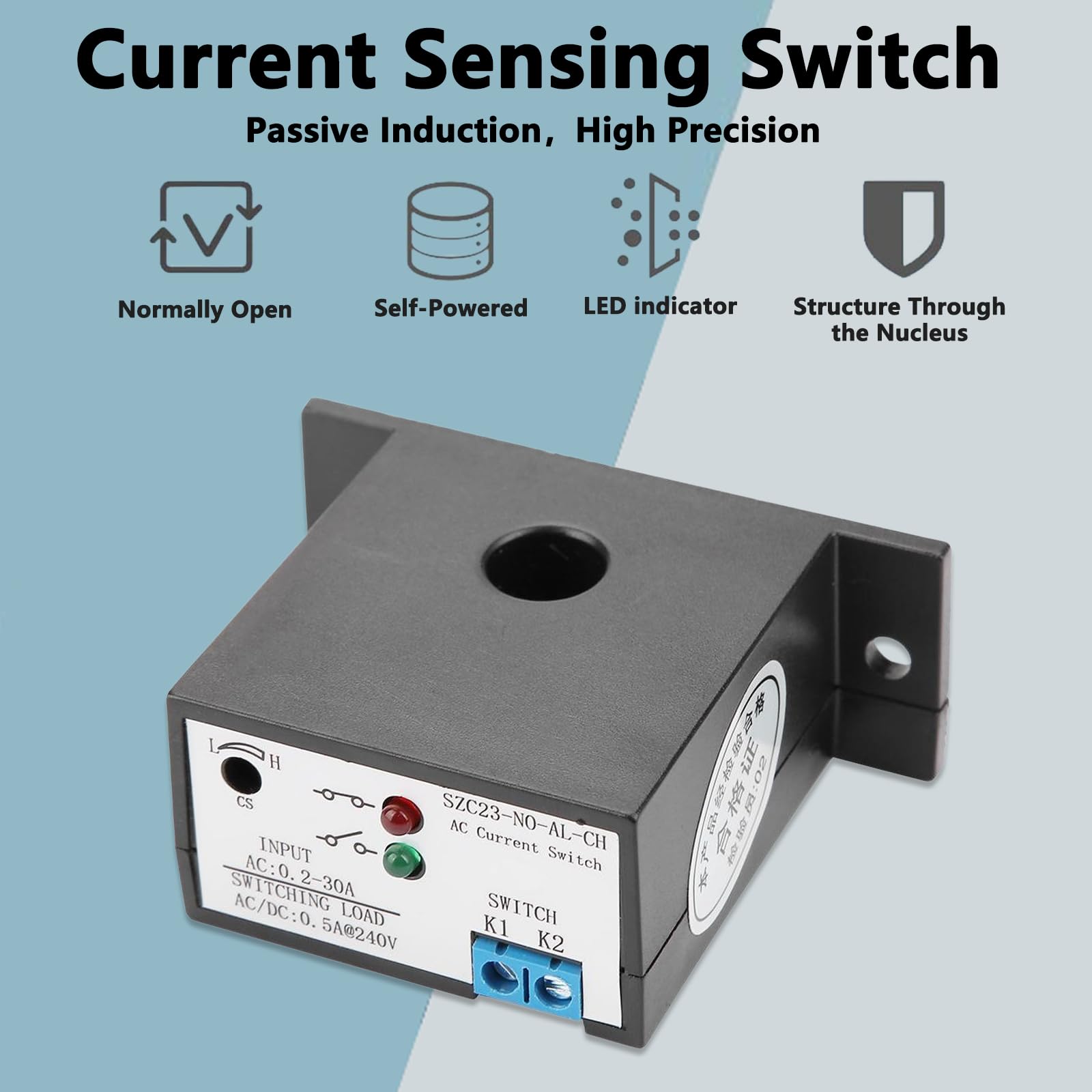 Interruttore Di Rilevamento Corrente SZC23-NO-AL-CH - Regolabile 0,2-30A AC - Autoalimentato Con LED - 2