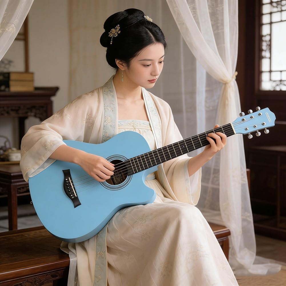 Guitarra Acústica De Madera De 38 Pulgadas Para Adultos, Guitarra De 6 Cuerdas De Acero Con Funda, Tutorial Básico De Guitarra Folk Para Principiantes(Sky blue)
