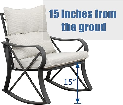 Miniatura 6 de SUNBURY Juego de 3 sillas mecedoras de muebles de exterior con cojín beige, mesa de vidrio templado, elegante silla bistró con marco de patio para