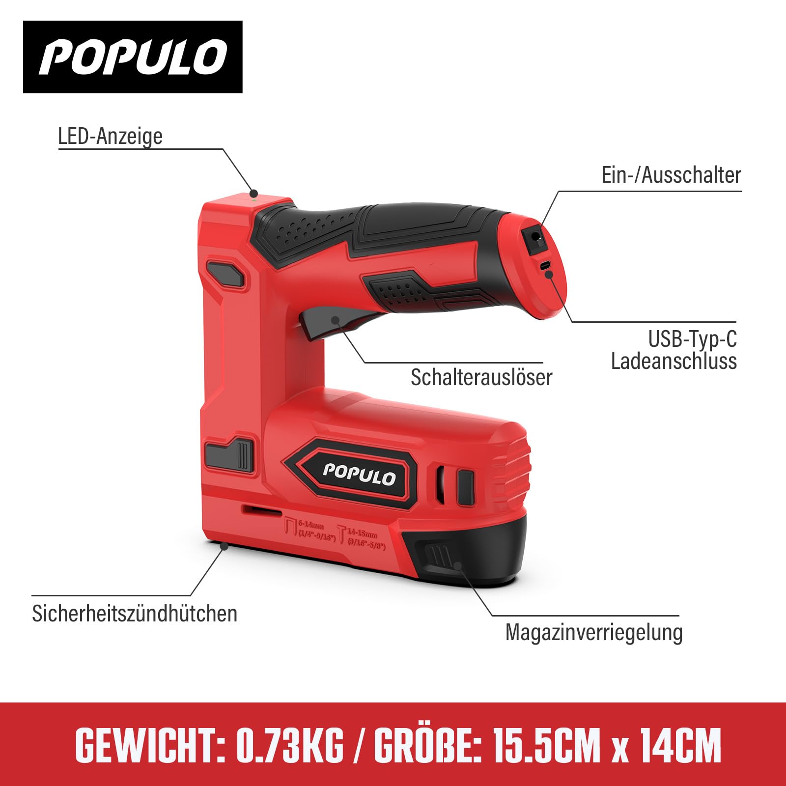POPULO Akku Tacker, 2-in-1 Lithium-Ionen-Heftgerät, 4V Nagelgerät Set Mit Ladekabel, 1600 Heftklammern & Nägel, Power-Tacker für Bastelarbeiten, DIY und Polsterarbeiten