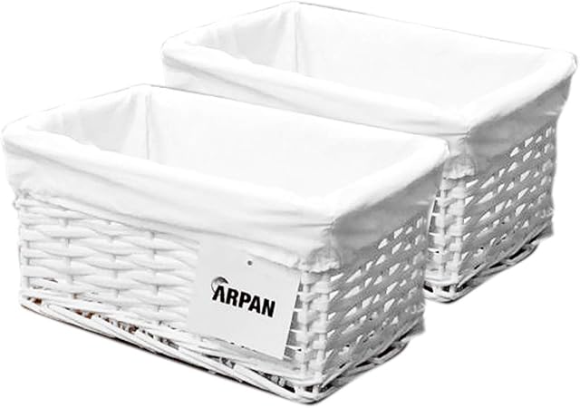 2 x 100% Eco-Friendly White Wicker Storage Basket with Cloth by Arpan (Small- W29xD18xH14cm)