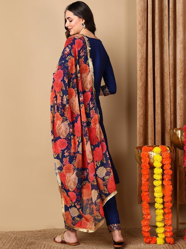Image of Vaamsi Women's Silk Blend Solid Embroidered Straight Kurta Pant With Dupatta