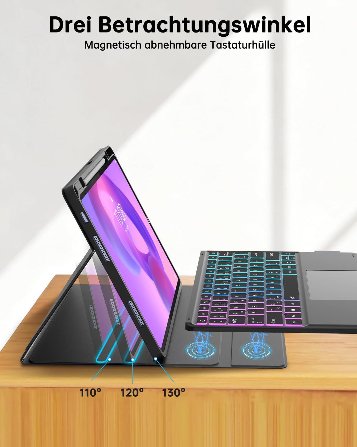 ROOFEI für Lenovo Idea Tab Plus 12,1 Zoll 2025 Hülle mit QWERTZ Tastatur - Regenbogen-Hintergrundbeleuchtung Magnetisch Abnehmbar Tastatur mit Trackpad für Lenovo Idea Tab Plus 12,1" Tablet TB365FC
